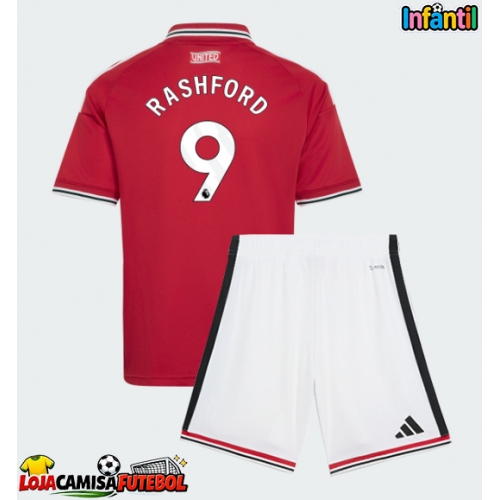 Camisa de Futebol Manchester United Marcus Rashford #9 Equipamento Principal Infantil 2026-27 Manga Curta (+ Calças curtas)